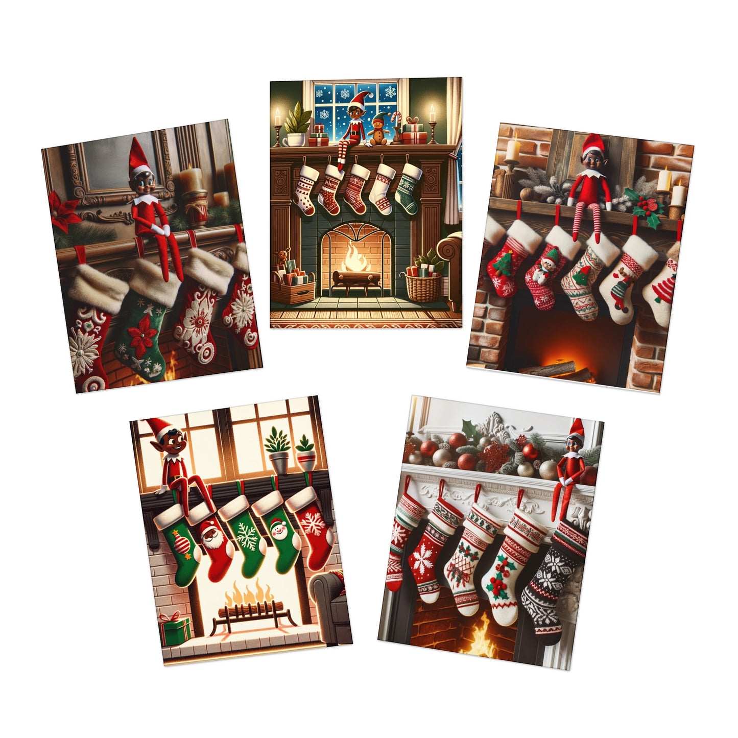 Christmas Multi-Design Greeting Cards (5-Pack) - Melanin Magical Black Elf Holiday Cards, Vibrant Colors, Uncoated Finish, 4.25x5.5",